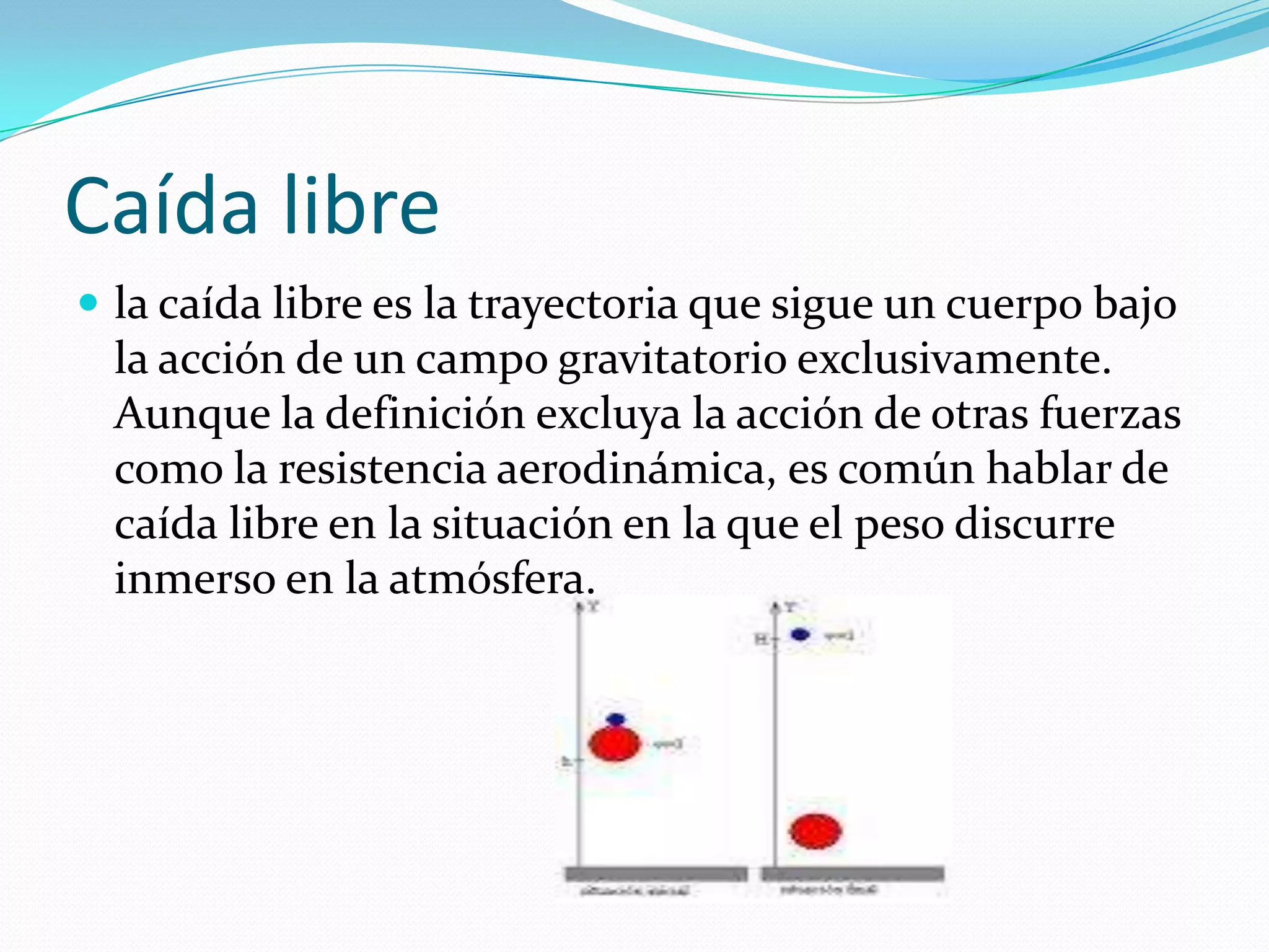 Caída librela caída libre es la trayectoria que sigue un cuerpo bajo la acción de un campo gravitatorio exclusivamente. Aunque la definición excluya la acción de otras fuerzas como la resistencia aerodinámica, es común hablar de caída libre en la situación en la que el peso discurre inmerso en la atmósfera.