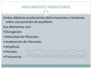 MOVIMIENTO VIBRATORIO
Ondas elásticas produciendo deformaciones y tensiones
sobre una posición de equilibrio.
Sus elementos son:
•Elongación.
•Velocidad de Vibración.
•Aceleración de Vibración.
•Amplitud.
•Periodo.
•Frecuencia.
 