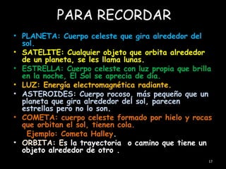 PARA RECORDAR
• PLANETA: Cuerpo celeste que gira alrededor del
  sol.
• SATELITE: Cualquier objeto que orbita alrededor
  de un planeta, se les llama lunas.
• ESTRELLA: Cuerpo celeste con luz propia que brilla
  en la noche, El Sol se aprecia de día.
• LUZ: Energía electromagnética radiante.
• ASTEROIDES: Cuerpo rocoso, más pequeño que un
  planeta que gira alrededor del sol, parecen
  estrellas pero no lo son.
• COMETA: cuerpo celeste formado por hielo y rocas
  que orbitan el sol, tienen cola.
   Ejemplo: Cometa Halley.
• ORBITA: Es la trayectoria o camino que tiene un
  objeto alrededor de otro .
                                                   17
 