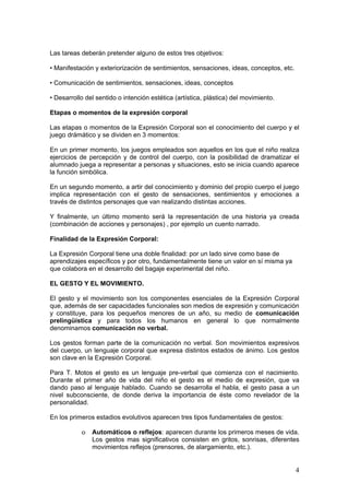 4
Las tareas deberán pretender alguno de estos tres objetivos:
• Manifestación y exteriorización de sentimientos, sensaciones, ideas, conceptos, etc.
• Comunicación de sentimientos, sensaciones, ideas, conceptos
• Desarrollo del sentido o intención estética (artística, plástica) del movimiento.
Etapas o momentos de la expresión corporal
Las etapas o momentos de la Expresión Corporal son el conocimiento del cuerpo y el
juego drámático y se dividen en 3 momentos:
En un primer momento, los juegos empleados son aquellos en los que el niño realiza
ejercicios de percepción y de control del cuerpo, con la posibilidad de dramatizar el
alumnado juega a representar a personas y situaciones, esto se inicia cuando aparece
la función simbólica.
En un segundo momento, a artir del conocimiento y dominio del propio cuerpo el juego
implica representación con el gesto de sensaciones, sentimientos y emociones a
través de distintos personajes que van realizando distintas acciones.
Y finalmente, un último momento será la representación de una historia ya creada
(combinación de acciones y personajes) , por ejemplo un cuento narrado.
Finalidad de la Expresión Corporal:
La Expresión Corporal tiene una doble finalidad: por un lado sirve como base de
aprendizajes específicos y por otro, fundamentalmente tiene un valor en sí misma ya
que colabora en el desarrollo del bagaje experimental del niño.
EL GESTO Y EL MOVIMIENTO.
El gesto y el movimiento son los componentes esenciales de la Expresión Corporal
que, además de ser capacidades funcionales son medios de expresión y comunicación
y constituye, para los pequeños menores de un año, su medio de comunicación
prelingüística y para todos los humanos en general lo que normalmente
denominamos comunicación no verbal.
Los gestos forman parte de la comunicación no verbal. Son movimientos expresivos
del cuerpo, un lenguaje corporal que expresa distintos estados de ánimo. Los gestos
son clave en la Expresión Corporal.
Para T. Motos el gesto es un lenguaje pre-verbal que comienza con el nacimiento.
Durante el primer año de vida del niño el gesto es el medio de expresión, que va
dando paso al lenguaje hablado. Cuando se desarrolla el habla, el gesto pasa a un
nivel subconsciente, de donde deriva la importancia de éste como revelador de la
personalidad.
En los primeros estadios evolutivos aparecen tres tipos fundamentales de gestos:
o Automáticos o reflejos: aparecen durante los primeros meses de vida.
Los gestos mas significativos consisten en gritos, sonrisas, diferentes
movimientos reflejos (prensores, de alargamiento, etc.).
 