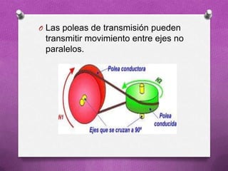 O Las poleas de transmisión pueden
transmitir movimiento entre ejes no
paralelos.
 