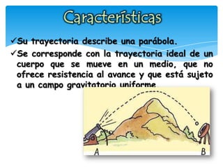 Su trayectoria describe una parábola.
Se corresponde con la trayectoria ideal de un
cuerpo que se mueve en un medio, que no
ofrece resistencia al avance y que está sujeto
a un campo gravitatorio uniforme.
 