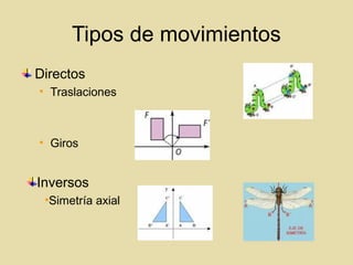 Tipos de movimientos
Directos
• Traslaciones
• Giros
Inversos
•Simetría axial
 