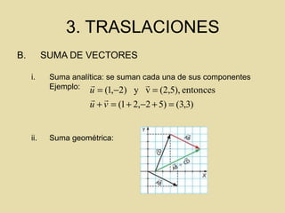 3. TRASLACIONES
B. SUMA DE VECTORES
i. Suma analítica: se suman cada una de sus componentes
Ejemplo:
ii. Suma geométrica:
)3,3()52,21(
entonces,)5(2,vy)2,1(
=+−+=+
=−=
vu
u


 