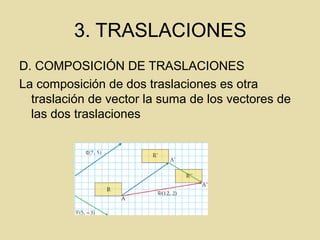 3. TRASLACIONES
D. COMPOSICIÓN DE TRASLACIONES
La composición de dos traslaciones es otra
traslación de vector la suma de los vectores de
las dos traslaciones
 