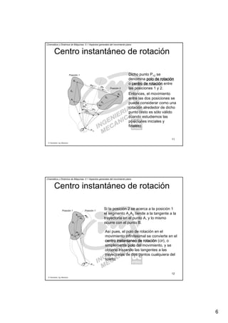 6
R. Sancibrián, Ing. Mecánica
11
Cinemática y Dinámica de Máquinas. II.1 Aspectos generales del movimiento plano
Centro instantáneo de rotación
A2
A1
B1
B2
∆rrrrA
∆rrrrB
P12
S1
S2
Posición 1
Posición 2
∆sb
∆sA
∆θA
∆θB
Dicho punto P12 se
denomina polo de rotaciónpolo de rotaciónpolo de rotaciónpolo de rotación
o centro de rotacióncentro de rotacióncentro de rotacióncentro de rotación entre
las posiciones 1 y 2.
Entonces, el movimiento
entre las dos posiciones se
puede considerar como una
rotación alrededor de dicho
punto (esto es sólo válido
cuando estudiemos las
posiciones iniciales y
finales).
R. Sancibrián, Ing. Mecánica
12
Cinemática y Dinámica de Máquinas. II.1 Aspectos generales del movimiento plano
Centro instantáneo de rotación
Posición 1’
B1’
A1’
∆rrrrA
∆rrrrb
P11’
B1
S1
A1
Posición 1
Si la posición 2 se acerca a la posición 1
el segmento A1A2 tiende a la tangente a la
trayectoria en el punto A, y lo mismo
ocurre con el punto B.
Así pues, el polo de rotación en el
movimiento infinitesimal se convierte en el
centrocentrocentrocentro instantaneoinstantaneoinstantaneoinstantaneo de rotaciónde rotaciónde rotaciónde rotación (cir), o
simplemente polopolopolopolo del movimiento, y se
obtiene trazando las tangentes a las
trayectorias de dos puntos cualquiera del
sólido.
 