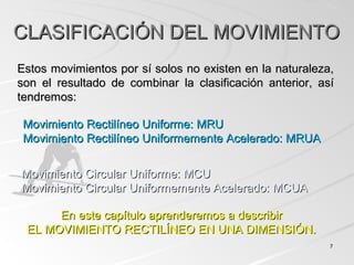 CLASIFICACIÓN DEL MOVIMIENTOCLASIFICACIÓN DEL MOVIMIENTO
Estos movimientos por sí solos no existen en la naturaleza,Estos movimientos por sí solos no existen en la naturaleza,
son el resultado de combinar la clasificación anterior, asíson el resultado de combinar la clasificación anterior, así
tendremos:tendremos:
Movimiento Rectilíneo Uniforme: MRUMovimiento Rectilíneo Uniforme: MRU
Movimiento Rectilíneo Uniformemente Acelerado: MRUAMovimiento Rectilíneo Uniformemente Acelerado: MRUA
Movimiento Circular Uniforme: MCUMovimiento Circular Uniforme: MCU
Movimiento Circular Uniformemente Acelerado: MCUAMovimiento Circular Uniformemente Acelerado: MCUA
En este capítulo aprenderemos a describirEn este capítulo aprenderemos a describir
EL MOVIMIENTO RECTILÍNEO EN UNA DIMENSIÓN.EL MOVIMIENTO RECTILÍNEO EN UNA DIMENSIÓN.
77
 