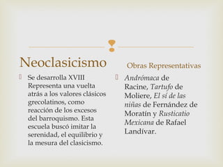 
Neoclasicismo
 Se desarrolla XVIII
Representa una vuelta
atrás a los valores clásicos
grecolatinos, como
reacción de los excesos
del barroquismo. Esta
escuela buscó imitar la
serenidad, el equilibrio y
la mesura del clasicismo.
Obras Representativas
 Andrómaca de
Racine, Tartufo de
Moliere, El sí de las
niñas de Fernández de
Moratín y Rusticatio
Mexicana de Rafael
Landívar.
 