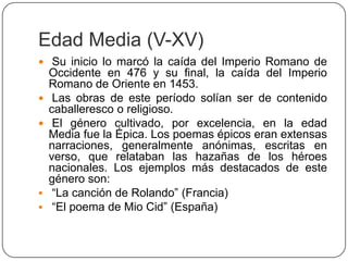 Edad Media (V-XV)
 Su inicio lo marcó la caída del Imperio Romano de
    Occidente en 476 y su final, la caída del Imperio
    Romano de Oriente en 1453.
    Las obras de este período solían ser de contenido
    caballeresco o religioso.
    El género cultivado, por excelencia, en la edad
    Media fue la Épica. Los poemas épicos eran extensas
    narraciones, generalmente anónimas, escritas en
    verso, que relataban las hazañas de los héroes
    nacionales. Los ejemplos más destacados de este
    género son:
    “La canción de Rolando” (Francia)
    “El poema de Mio Cid” (España)
 