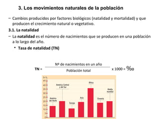 3. Los movimientos naturales de la población
– Cambios producidos por factores biológicos (natalidad y mortalidad) y que
producen el crecimiento natural o vegetativo.
3.1. La natalidad
– La natalidad es el número de nacimientos que se producen en una población
a lo largo del año.
 Tasa de natalidad (TN)
TN = x 1000 = ‰
Nº de nacimientos en un año
Población total
 