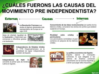 ¿CUÁLES FUERONS LAS CAUSAS DEL¿CUÁLES FUERONS LAS CAUSAS DEL
MOVIMIENTO PRE INDEPENDENTISTA?MOVIMIENTO PRE INDEPENDENTISTA?
CausasCausas InternasInternasExternasExternas
Ideas de Libertad, Igualdad de
la Ilustración y fraternidad que
comienzan a difundirse gracias
a la Ilustración.
Independencia de Estados Unidos
en 1776 Hispanoamericano ve la
posibilidad de lograr independizarse
también de España
Independencia de Haiti: Se
convierte el primer país de América
Latina en lograrlo.
La Revolución Francesa que
acaba el régimen absolutista más
representativo de Europa en el
siglo XVIII
Conocimiento de las ideas revolucionarias por partes de los
blancos criollos, conocieron los vientos de cambio que estaban
soplando en Europa .
Rivalidad entre criollos y
peninsulares:
Los peninsulares controlaban el gran
comercio en perjuicio de los blancos
criollos.
La política económica de España:
España ejercía el monopolio
comercial, lo que obligaba a los
colonos de América comerciar
únicamente con la Corona Española y
a tener que pagar altos impuestos.
 