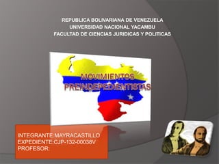 REPUBLICA BOLIVARIANA DE VENEZUELA
UNIVERSIDAD NACIONAL YACAMBU
FACULTAD DE CIENCIAS JURIDICAS Y POLITICAS
INTEGRANTE:MAYRACASTILLO
EXPEDIENTE:CJP-132-00038V
PROFESOR:
 
