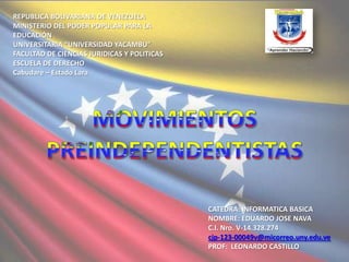 REPUBLICA BOLIVARIANA DE VENEZUELA
MINISTERIO DEL PODER POPULAR PARA LA
EDUCACIÓN
UNIVERSITARIA “UNIVERSIDAD YACAMBU”
FACULTAD DE CIENCIAS JURIDICAS Y POLITICAS
ESCUELA DE DERECHO
Cabudare – Estado Lara
CATEDRA: INFORMATICA BASICA
NOMBRE: EDUARDO JOSE NAVA
C.I. Nro. V-14.328.274
cjp-123-00049v@micorreo.uny.edu.ve
PROF: LEONARDO CASTILLO
 