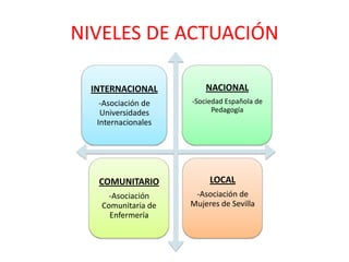 NIVELES DE ACTUACIÓN
INTERNACIONAL
-Asociación de
Universidades
Internacionales
NACIONAL
-Sociedad Española de
Pedagogía
COMUNITARIO
-Asociación
Comunitaria de
Enfermería
LOCAL
-Asociación de
Mujeres de Sevilla
 