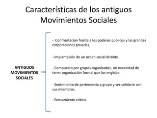 Características de los antiguos
Movimientos Sociales
ANTIGUOS
MOVIMIENTOS
SOCIALES
- Confrontación frente a los poderes públicos y las grandes
corporaciones privadas.
- Implantación de un orden social distinto.
- Compuesto por grupos organizados, sin necesidad de
tener organización formal que los englobe.
- Sentimiento de pertenencia a grupo y ser solidario con
sus miembros.
- Pensamiento crítico.
 
