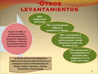 •Otros
levantamientos
1904,
Sublevación
de Pomata
1921, Levantamiento
y Masacre
campesina en Macha
1927, se producen 3
levantamientos en el
norte de potosí, siendo
Chayanta el centro de
la sublevación
1935, masacraron a
los campesinos en
Pucarani para
obligarlos a ir a la
guerra del chaco
La entrada del ferrocarril despertó la
codicia de los patrones sobre las tierras y se
produjeron muchos enfrentamientos en:
Guaqui, Tiquina, Tiwuanacu, Coroico,
Ancoraimes y Puerto Acosta
12
 