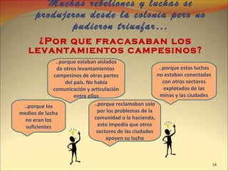 ¿Por que fracasaban los
levantamientos campesinos?
Muchas rebeliones y luchas se
produjeron desde la colonia pero no
pudieron triunfar…
..porque los
medios de lucha
no eran los
suficientes
..porque estaban aislados
de otros levantamientos
campesinos de otras partes
del país. No había
comunicación y articulación
entre ellos
..porque estas luchas
no estaban conectadas
con otros sectores
explotados de las
minas y las ciudades
..porque reclamaban solo
por los problemas de la
comunidad o la hacienda,
esto impedía que otros
sectores de las ciudades
apoyen su lucha
14
 