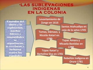 •LAS SUBLEVACIONES
INDIGENAS
EN LA COLONIA
Cansados del
abuso y la
explotación,
muchos
lideres y
comunidades
se
organizaron,
se revelaron y
lucharon
contra los
españoles
Levantamiento de
Zongo en 1616
Tomas, Dámaso, y
Nicolás Katari en
1780
Túpac Katari y
Bartolina Sisa en 1781
Rebelión Indígena en
Oruro 1781
Santos Atahuallpa en
ceja de la selva 1745
Tupac Amaru y
Micaela Bastidas en
1780
4
 