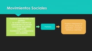 Movimientos Sociales
• Practicas subordinadas a los
partidos.
• La acción colectiva se
subordinaría a la acción
consciente del partido-
vanguardia.
• Combinarse y yuxtaponerse
con el partido
Partidos
Podrían interpretar la
estructura, producir
sociedad, y hacer la
historia a voluntad
 