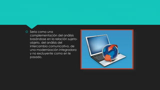  Seria como una
complementación del análisis
basándose en la relación sujeto-
objeto, del análisis del
intercambio comunicativo, de
una modernización integradora
y no excluyente como en le
pasado.
 