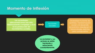 Momento de Inflexión
Las sociedades
latinoamericanas han sido
históricamente complejas y ricas
en la producción de
movimientos sociales.
Acciones
Sociales
Diversidad mutante de
sentidos. Transformación
social y el desarrollo
económico obedecen a
historicidades distintas
pero yuxtapuestas
La sociedad y sus
actores se están
haciendo y
rehaciendo
constantemente.
 
