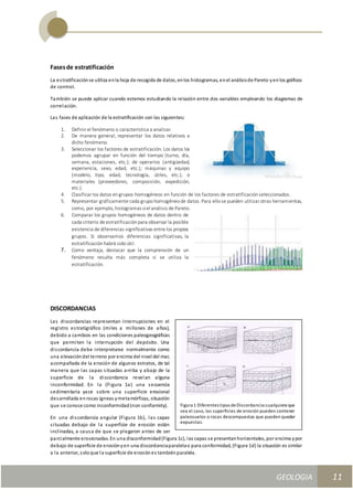 GEOLOGIA
Ingeniería Civily Arquitectura SEMANA Nº 11
GEOLOGIA UNIDAD III
11
Fasesde estratificación
La estratificaciónse utiliza enla hoja de recogida de datos, enlos histogramas, enel análisisde Pareto yenlos gráficos
de control.
También se puede aplicar cuando estemos estudiando la relación entre dos variables empleando los diagramas de
correlación.
Las fases de aplicación de la estratificación son las siguientes:
1. Definir el fenómeno o característica a analizar.
2. De manera general, representar los datos relativos a
dicho fenómeno.
3. Seleccionar los factores de estratificación. Los datos los
podemos agrupar en función del tiempo (turno, día,
semana, estaciones, etc.); de operarios (antigüedad,
experiencia, sexo, edad, etc.); máquinas y equipo
(modelo, tipo, edad, tecnología, útiles, etc.); o
materiales (proveedores, composición, expedición,
etc.).
4. Clasificar los datos engrupos homogéneos en función de los factores de estratificaciónseleccionados.
5. Representar gráficamente cada grupohomogéneode datos. Para ellose pueden utilizar otras herramientas,
como, por ejemplo, histogramas oel análisis de Pareto.
6. Comparar los grupos homogéneos de datos dentro de
cada criterio de estratificaciónpara observar la posible
existencia de diferencias significativas entre los propios
grupos. Si observamos diferencias significativas, la
estratificaciónhabrá sidoútil.
7. Como ventaja, destacar que la comprensión de un
fenómeno resulta más completa si se utiliza la
estratificación.
DISCORDANCIAS
Las discordancias representan interrupciones en el
registro estratigráfico (miles a millones de años),
debido a cambios en las condiciones paleogeográficas
que permiten la interrupción del depósito. Una
discordancia debe interpretarse normalmente como
una elevacióndel terreno por encima del nivel del mar,
acompañada de la erosión de algunos estratos, de tal
manera que las capas situadas arriba y abajo de la
superficie de la discordancia revelan alguna
inconformidad. En la (Figura 1a) una secuencia
sedimentaria yace sobre una superficie erosional
desarrollada enrocas ígneas ymetamórficas, situación
que se conoce como inconformidad(non conformity).
En una discordancia angular (Figura 1b), las capas
situadas debajo de la superficie de erosión están
inclinadas, a causa de que se plegaron antes de ser
parcialmente erosionadas. En una disconformidad(Figura 1c), las capas se presentanhorizontales, por encima ypor
debajo de superficie de erosiónyen una discordanciaparalelao para conformidad, (Figura 1d) la situación es similar
a la anterior, soloque la superficie de erosiónes tambiénparalela.
Figura 1 Diferentes tipos deDiscordancia:cualquiera que
sea el caso, las superficies de erosión pueden contener
paleosuelos o rocas descompuestas que pueden quedar
expuestas.
 