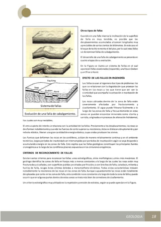 GEOLOGIA
Ingeniería Civily Arquitectura SEMANA Nº 11
GEOLOGIA UNIDAD III
18
Otros tipos de fallas
Cuando en una falla inversa la inclinación de la superficie
de falla es muy tendida, es posible que los
desplazamientos acumulados alcancen longitudes muy
apreciables de varios cientos de kilómetros. Eneste caso el
bloque de techoremonta el del piso, por lo cual estas fallas
se denominanfallas de cabalgamiento.
El desarrollo de una falla de cabalgamientose presenta en
cuatro etapas de su evolución.
En la Figura se ilustra un sistema de fallas en el cual
aparecenfallas escalonadas(izquierda), unaFosa oGraben
y un Pilar o Horst.
EFECTO DE LAS FALLAS EN INGENIERÍA
Las fallascausan al ingenierodos tipos de problemas:los
que se relacionan con la degradación que provocan las
fallas en las rocas y los que tiene que ver con la
sismicidad que acompaña la activación o reactivación de
las fallas.
Las rocas ubicadas dentro de la zona de falla están
severamente afectadas por fracturamiento y
cizallamiento. El agua puede filtrarse fácilmente a lo
largo de las zonas de falla y frecuentemente en estas
zonas se pueden encontrar minerales como clorita y
sericita, originados enprocesos de alteración hidrotermal,
los cuales sonmuyinestables.
El otro aspecto de interés se relaciona con la actividad de lasfallas. Previamente a los desplazamientos, las rocas se
desforman notablemente ycuando las fuerzas de corte superansu resistencia, éstasse dislocanabruptamente ypor
rebote elástico, liberan una grancantidadde energía elástica, cuyas ondas producen los sismos.
Las fuerzas que deforman las rocas en las cordilleras, actúan de manera relativamente continua y en el ambiente
tectónico, largos períodos de inactividadson interrumpidos por períodos de reactivaciónsegúnse vaya disipandoo
acumulando energía en las zonas de falla. Esto explica que las fallas geológicas constituyan las principales fuentes
sismogénicasa lo largode las cordillerasjóvenes expuestasenlos cinturonesorogénicos.
CRITERIOS DE RECONOCIMIENTO DE FALLAS
Existen varios criterios para reconocer las fallas: unos estratigráficos, otros morfológicos y otros más mecánicos. El
geólogo identifica las zonas de falla en franjas más o menos constantes a lo largo de las cuales las rocas están muy
fracturadas ycizalladas, con superficies pulidas yestriadas por fricción;o con brechas de falla, cataclasis, milonita y
harina de falla, rasgos éstos últimos debidos a metamorfismo dinámico. Todas estas características reducen
notablemente la resistencia de las rocas en las zonas de falla. Aunque supuestamente las rocas están totalmente
desplazadas por corte enlas zonasde falla, esta condición noes constante a lo largode toda la zona de falla ypuede
ocurrir que enalgunaspartes dentro de estas zonas se trata más bien de corredores de cizallamiento.
Un criterioestratigráfico muyutilizadoes la repeticiónyomisión de estratos, según se puede apreciar enla Figura.
Evolución de una falla de cabalgamiento.
Sistemade fallas
 