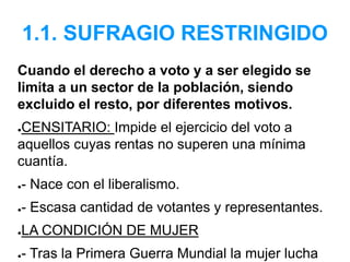 1.1. SUFRAGIO RESTRINGIDO
Cuando el derecho a voto y a ser elegido se
limita a un sector de la población, siendo
excluido el resto, por diferentes motivos.
●CENSITARIO: Impide el ejercicio del voto a
aquellos cuyas rentas no superen una mínima
cuantía.
●- Nace con el liberalismo.
●- Escasa cantidad de votantes y representantes.
●LA CONDICIÓN DE MUJER
●- Tras la Primera Guerra Mundial la mujer lucha
 