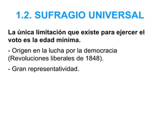 1.2. SUFRAGIO UNIVERSAL
La única limitación que existe para ejercer el
voto es la edad mínima.
- Origen en la lucha por la democracia
(Revoluciones liberales de 1848).
- Gran representatividad.
 