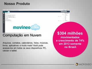 Nosso Produto

Computação em Nuvem
Arquivos, contatos, calendários, fotos, músicas,
livros, aplicativos e muito mais! Você pode
acessá-los em todos os seus dispositivos PC,
celular e tablet.

$304 milhões
movimentados
e crescimento de 74%
em 2013 somente
no Brasil.

 