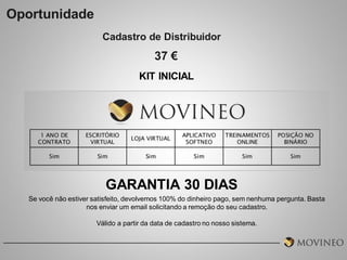 Oportunidade
Cadastro de Distribuidor

37 €
KIT INICIAL

GARANTIA 30 DIAS
Se você não estiver satisfeito, devolvemos 100% do dinheiro pago, sem nenhuma pergunta. Basta
nos enviar um email solicitando a remoção do seu cadastro.
Válido a partir da data de cadastro no nosso sistema.

 
