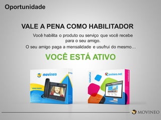 Oportunidade

VALE A PENA COMO HABILITADOR
Você habilita o produto ou serviço que você recebe
para o seu amigo.
O seu amigo paga a mensalidade e usufrui do mesmo…

VOCÊ ESTÁ ATIVO

 
