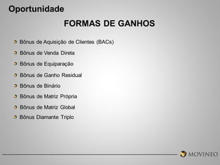 Oportunidade

FORMAS DE GANHOS
Bônus de Aquisição de Clientes (BACs)
Bônus de Venda Direta
Bônus de Equiparação
Bônus de Ganho Residual
Bônus de Binário
Bônus de Matriz Própria
Bônus de Matriz Global
Bônus Diamante Triplo

 