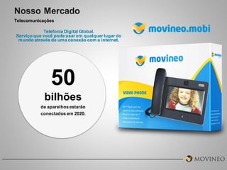 Nosso Mercado
Telecomunicações
Telefonia Digital Global.
Serviço que você pode usar em qualquer lugar do
mundo através de uma conexão com a internet.

50
bilhões
de aparelhos estarão
conectados em 2020.

 