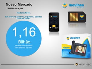 Nosso Mercado
Telecomunicações
Telefonia Móvel.
Em breve na Espanha, Inglaterra, Estados
Unidos e Brasil.

1,16
Bilhão
de telefones celulares
são vendidos por ano.

 