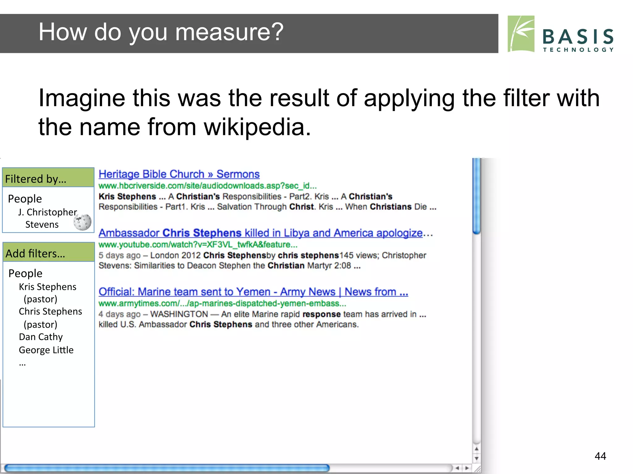How do you measure?

           Imagine this was the result of applying the filter with
           the name from wikipedia.
Filtered	
  by…	
  
People	
  
   J.	
  Christopher	
  
   	
  	
  	
  Stevens	
  	
  

Add	
  ﬁlters…	
  
People	
  
    Kris	
  Stephens	
  
    	
  	
  (pastor)	
  
    Chris	
  Stephens	
  
    	
  	
  (pastor)	
  	
  
    Dan	
  Cathy	
  
    George	
  LiBle	
  
    …	
  




           Basis Technology – Human Language Technology Conference 2012   44
 