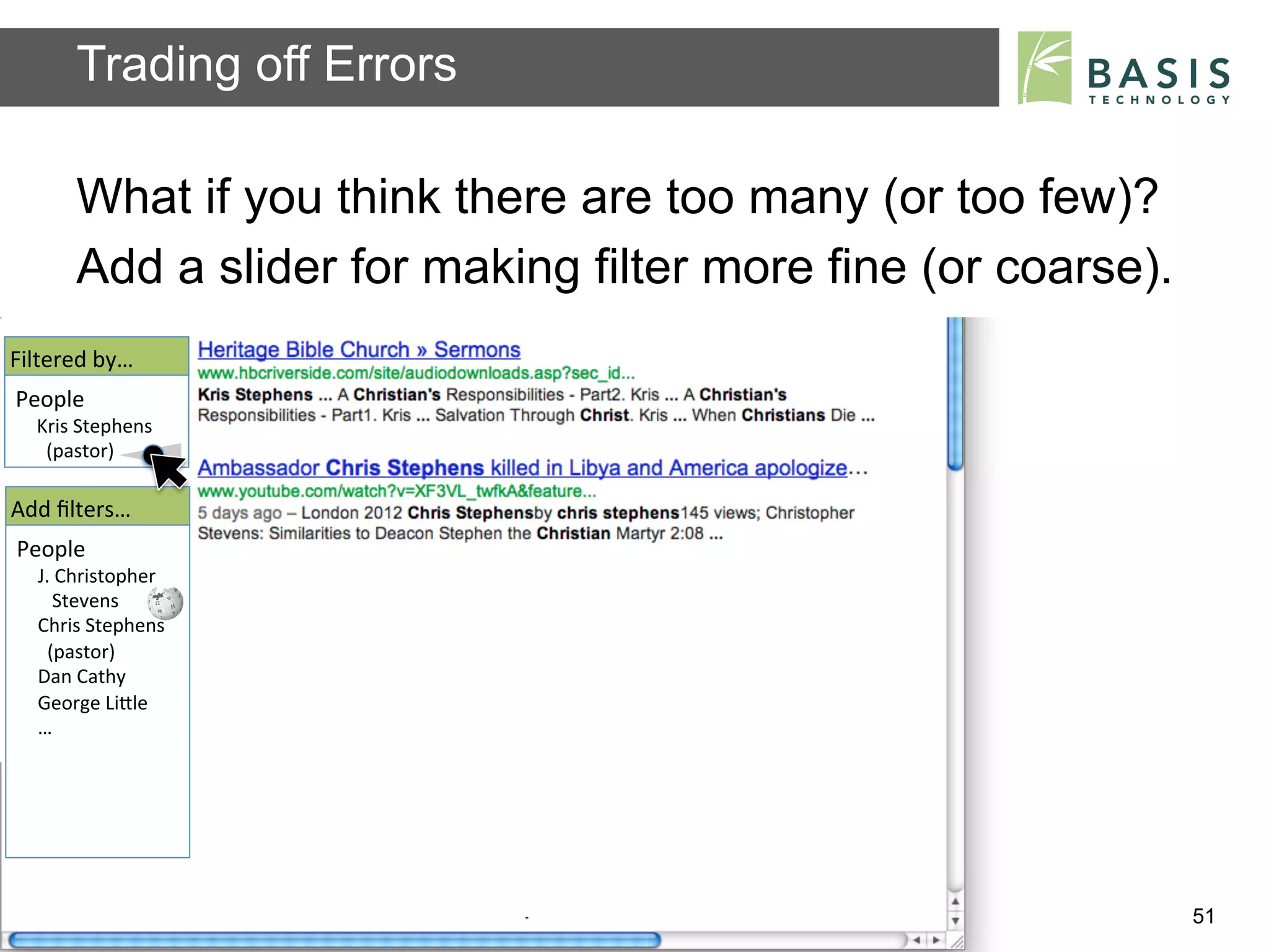Trading off Errors

           What if you think there are too many (or too few)?
           Add a slider for making filter more fine (or coarse).
Filtered	
  by…	
  
People	
  
   Kris	
  Stephens	
  
   	
  	
  (pastor)	
  	
  

Add	
  ﬁlters…	
  
People	
  
    J.	
  Christopher	
  
    	
  	
  	
  Stevens	
  
    Chris	
  Stephens	
  
    	
  	
  (pastor)	
  	
  
    Dan	
  Cathy	
  
    George	
  LiBle	
  
    …	
  




          Basis Technology – Human Language Technology Conference 2012   51
 