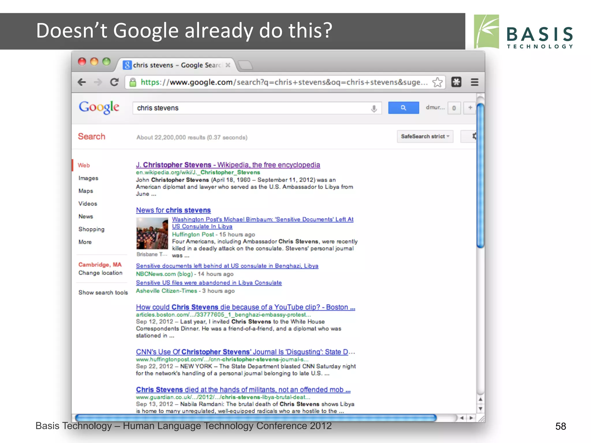 Doesn’t	
  Google	
  already	
  do	
  this?	
  




Basis Technology – Human Language Technology Conference 2012   58
 