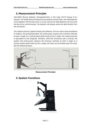 Lisun Electronics Inc. Sales@Lisungroup.com www.Lisungroup.com
-Page 2 -
2. Measurement Principle
LSG-5000 Moving Detector Goniophotometer is full meet LM-79 Clause 9.3.1
request. The tested lamp will keep burning position and be fixed, near field detector
move together with the big mirror in a line, and the far field detector will move with
the big mirror synchronously. The detector will always sense the light directly from
the luminaries.
The rotation priority is determined by the software. If mirror axle is took precedence
of rotation, the goniophotometer will continuously measure the luminous intensity
at each γ angle on a vertical plane determined by the C angle, the measuring trace
is equivalent to the longitude. Similarly, while the luminaries axle is priority, the
system will continuously measure the luminous intensity at each C angle on a
conical surface determined by the γ angle, the trace can be looked upon the woof.
See the following figure.
Measurement Principle
3. System Functions
 
