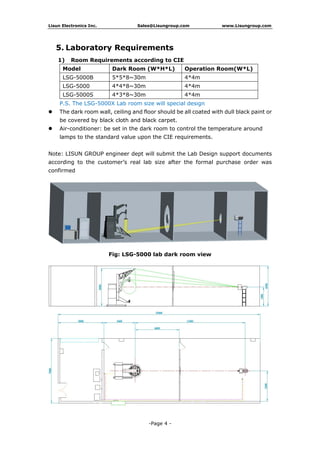 Lisun Electronics Inc. Sales@Lisungroup.com www.Lisungroup.com
-Page 4 -
5. Laboratory Requirements
1) Room Requirements according to CIE
Model Dark Room (W*H*L) Operation Room(W*L)
LSG-5000B 5*5*8~30m 4*4m
LSG-5000 4*4*8~30m 4*4m
LSG-5000S 4*3*8~30m 4*4m
P.S. The LSG-5000X Lab room size will special design
 The dark room wall, ceiling and floor should be all coated with dull black paint or
be covered by black cloth and black carpet.
 Air-conditioner: be set in the dark room to control the temperature around
lamps to the standard value upon the CIE requirements.
Note: LISUN GROUP engineer dept will submit the Lab Design support documents
according to the customer’s real lab size after the formal purchase order was
confirmed
Fig: LSG-5000 lab dark room view
 