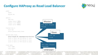 Conﬁgure	HAProxy	as	Read	Load	Balancer	
global
daemon
maxconn 256
defaults
mode http
timeout connect 5000ms
timeout client 50000ms
timeout server 50000ms
frontend http-in
bind *:80
default_backend neo4j-slaves
backend neo4j-slaves
option httpchk GET /db/manage/server/ha/slave
server s1 10.0.1.10:7474 maxconn 32 check
server s2 10.0.1.11:7474 maxconn 32 check
server s3 10.0.1.12:7474 maxconn 32 check
listen admin
bind *:8080
stats enable
404 Not Found
false
404 Not Found
UNKNOWN
200 OK
true
Master	
Slave	
Unknown	
 