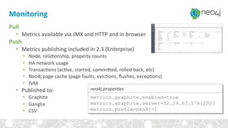 Monitoring	
Pull	
•  Metrics	available	via	JMX	and	HTTP	and	in	browser	
Push	
•  Metrics	publishing	included	in	2.3	(Enterprise)	
•  Node,	rela,onship,	property	counts	
•  HA	network	usage	
•  Transac,ons	(ac,ve,	started,	commiYed,	rolled	back,	etc)	
•  Neo4j	page	cache	(page	faults,	evic,ons,	ﬂushes,	excep,ons)	
•  JVM	
•  Published	to:	
•  Graphite	
•  Ganglia	
•  CSV	
metrics.graphite.enabled=true
metrics.graphite.server=52.29.63.174:2003
metrics.prefix=neo4j-1
neo4j.proper)es	
 