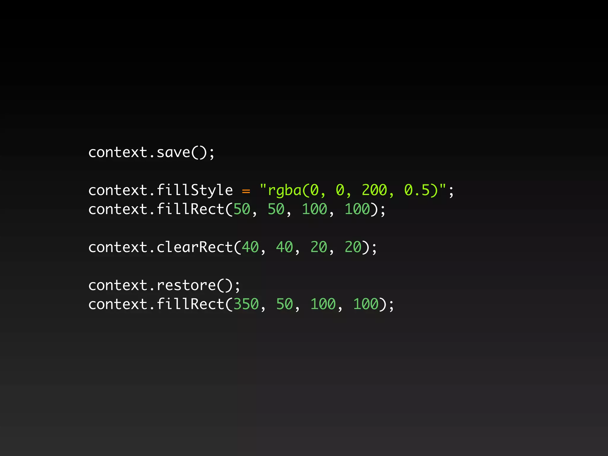 context.save();

context.fillStyle = "rgba(0, 0, 200, 0.5)";
context.fillRect(50, 50, 100, 100);

context.clearRect(40, 40, 20, 20);

context.restore();
context.fillRect(350, 50, 100, 100);
 