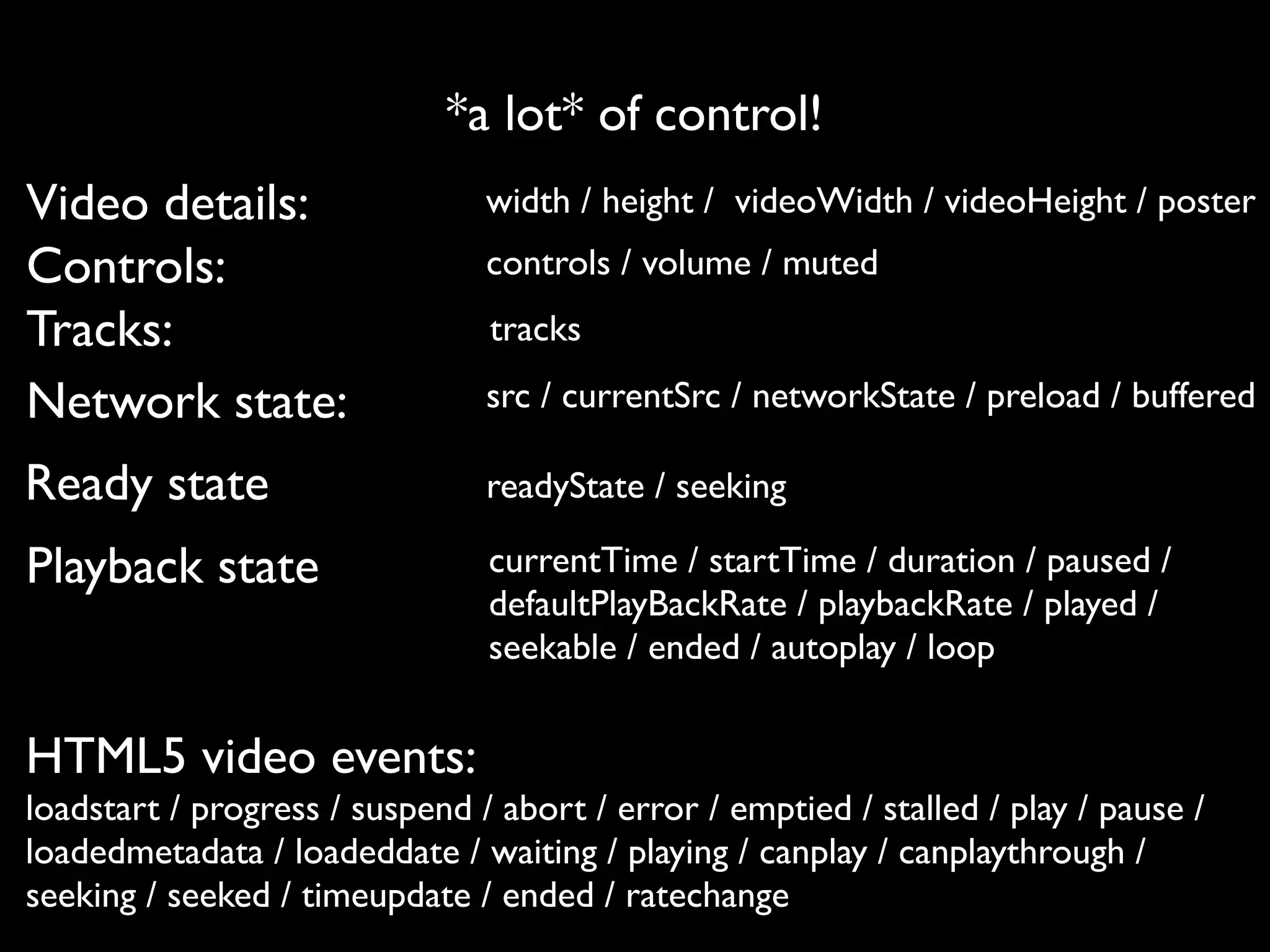 *a lot* of control!
Video details:                  width / height / videoWidth / videoHeight / poster
Controls:                       controls / volume / muted
Tracks:                         tracks

Network state:                  src / currentSrc / networkState / preload / buffered

Ready state                     readyState / seeking

Playback state                  currentTime / startTime / duration / paused /
                                defaultPlayBackRate / playbackRate / played /
                                seekable / ended / autoplay / loop


HTML5 video events:
loadstart / progress / suspend / abort / error / emptied / stalled / play / pause /
loadedmetadata / loadeddate / waiting / playing / canplay / canplaythrough /
seeking / seeked / timeupdate / ended / ratechange
 