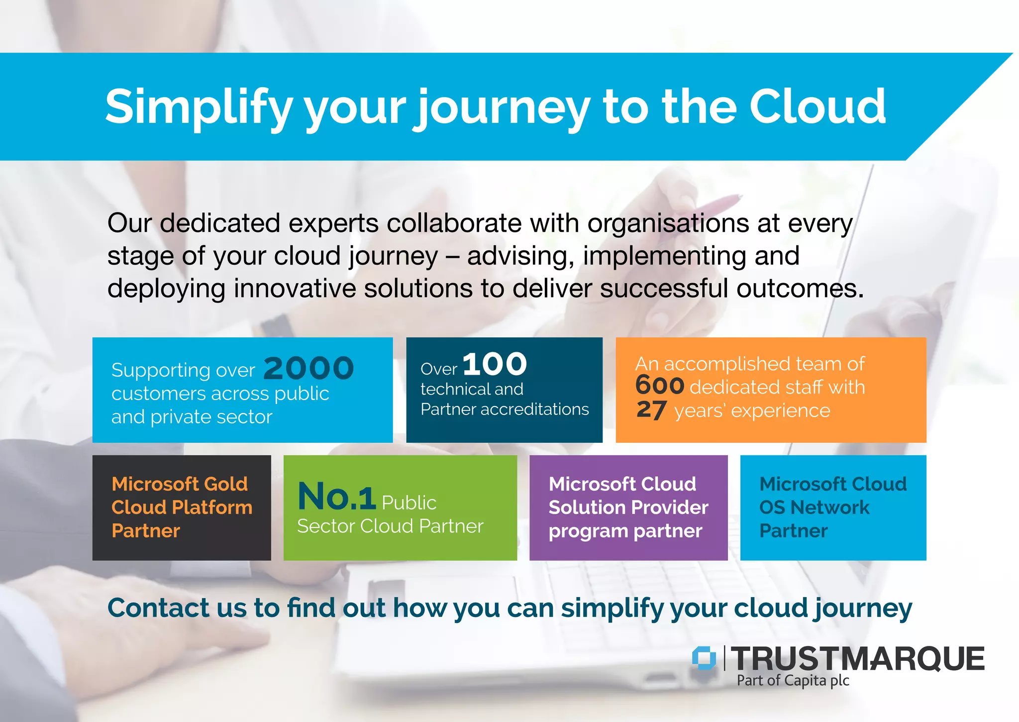 Contact us to ﬁnd out how you can simplify your cloud journey
Our dedicated experts collaborate with organisations at every
stage of your cloud journey – advising, implementing and
deploying innovative solutions to deliver successful outcomes.
Simplify your journey to the Cloud
Supporting over
customers across public
and private sector
Public
Sector Cloud Partner
An accomplished team of
dedicated staﬀ with
years’ experience
Microsoft Gold
Cloud Platform
Partner
Over
technical and
Partner accreditations
Microsoft Cloud
Solution Provider
program partner
Microsoft Cloud
OS Network
Partner
1002000
No.1
600
27
Part of Capita plc
 