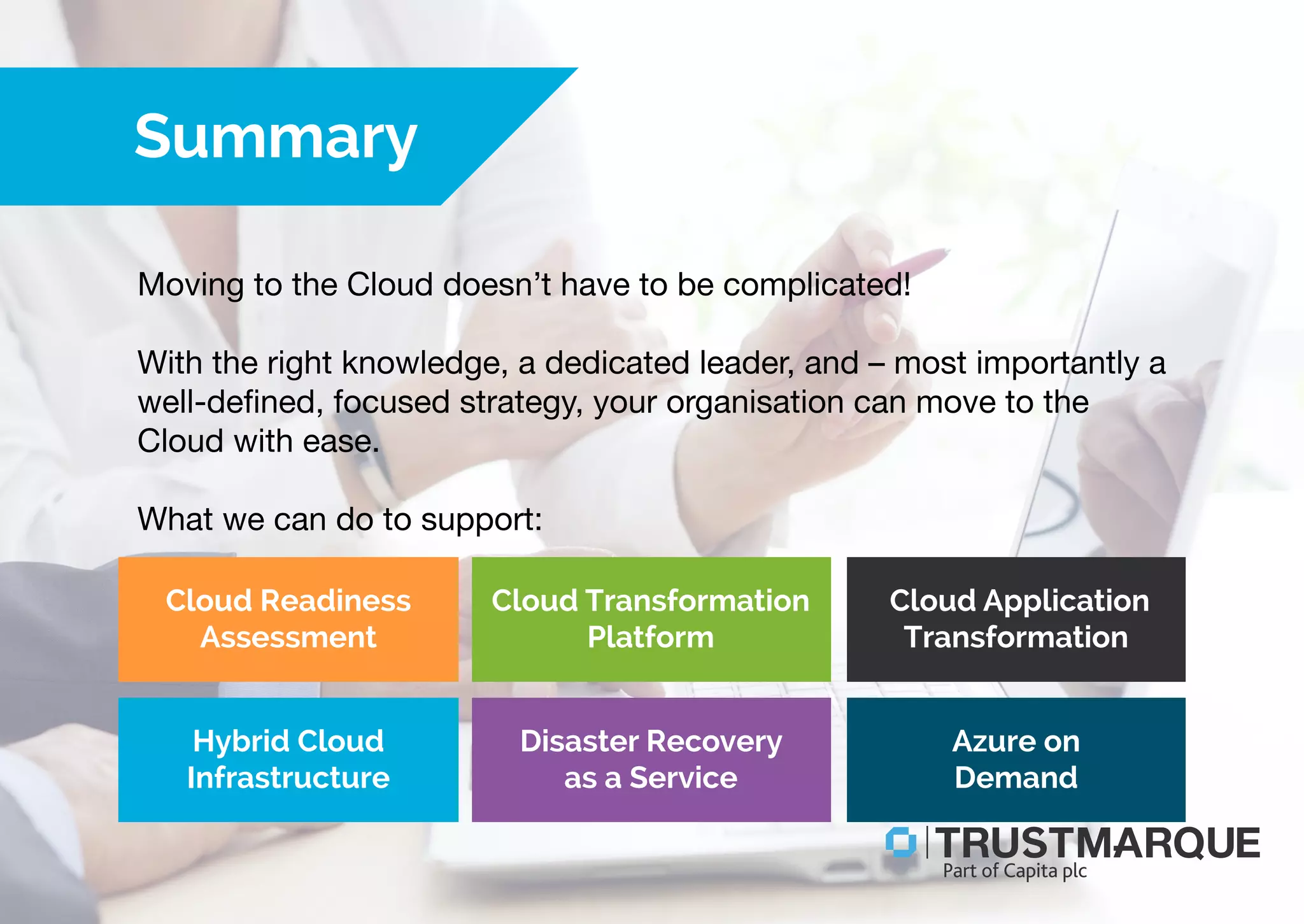 Moving to the Cloud doesn’t have to be complicated!
With the right knowledge, a dedicated leader, and – most importantly a
well-defined, focused strategy, your organisation can move to the
Cloud with ease.
What we can do to support:
Summary
Cloud Readiness
Assessment
Cloud Transformation
Platform
Cloud Application
Transformation
Hybrid Cloud
Infrastructure
Disaster Recovery
as a Service
Azure on
Demand
Part of Capita plc
 