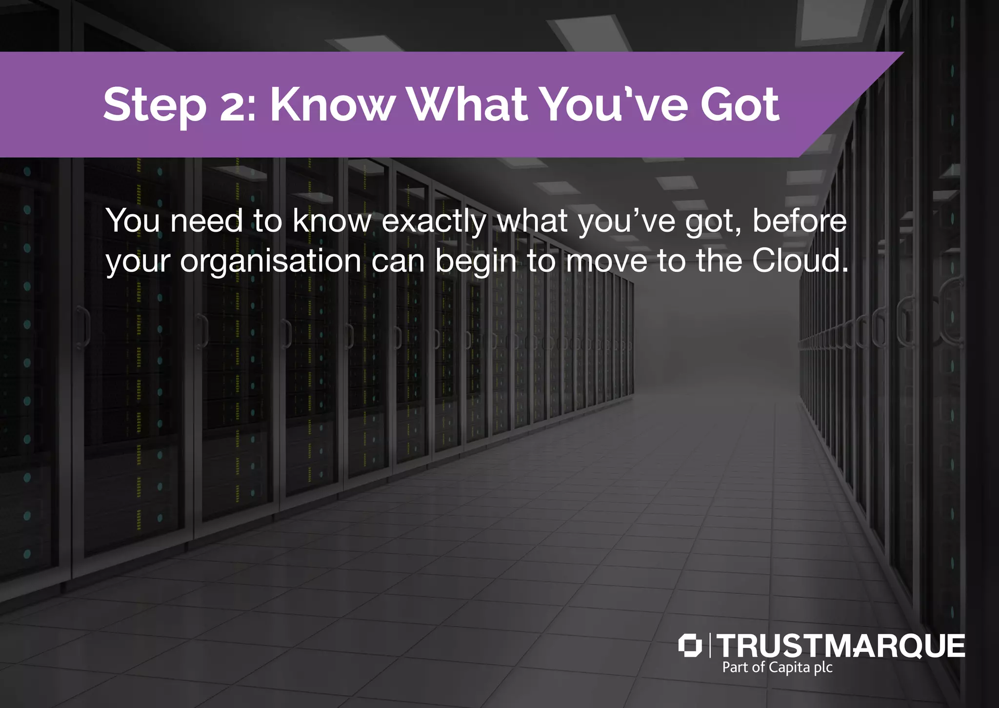 You need to know exactly what you’ve got, before
your organisation can begin to move to the Cloud.
Step 2: Know What You’ve Got
Part of Capita plc
 