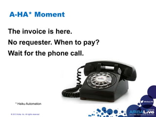 #AribaLIVE
A-HA* Moment
© 2013 Ariba, Inc. All rights reserved.
The invoice is here.
No requester. When to pay?
Wait for the phone call.
* Haiku Automation
 