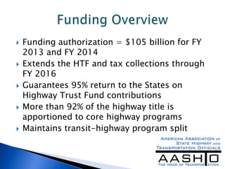    Funding authorization = $105 billion for FY
    2013 and FY 2014
   Extends the HTF and tax collections through
    F...