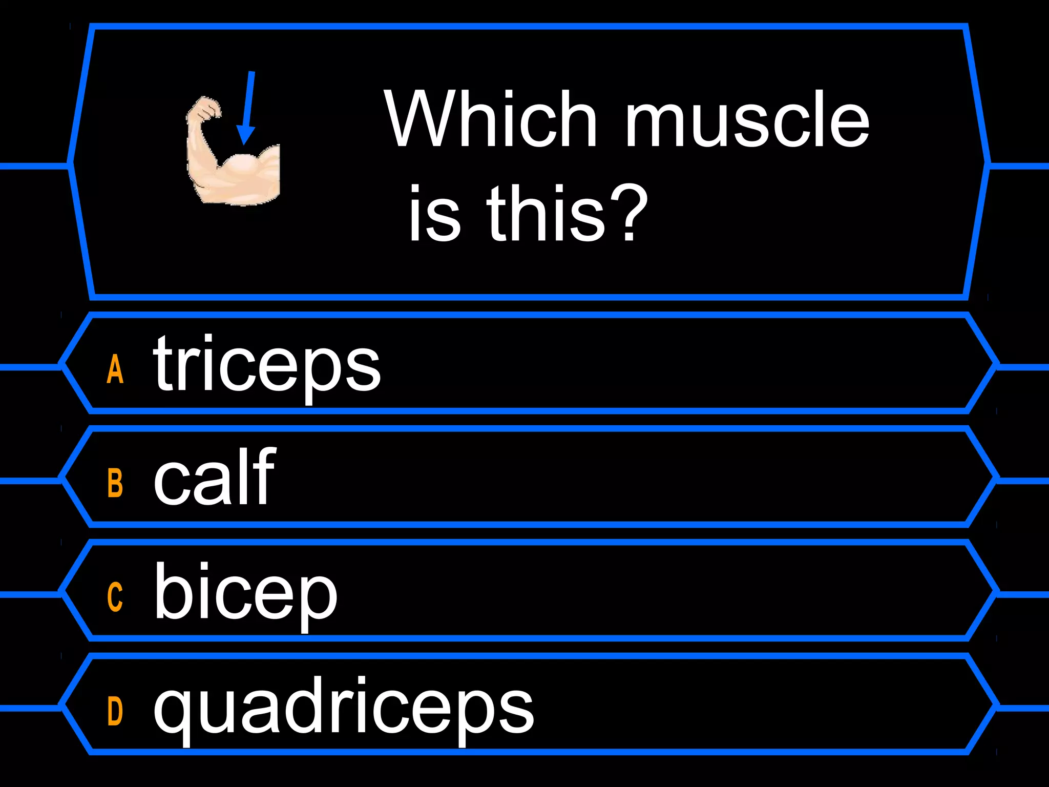 Which muscle
         is this?
A   triceps
B   calf
C   bicep
D   quadriceps
 
